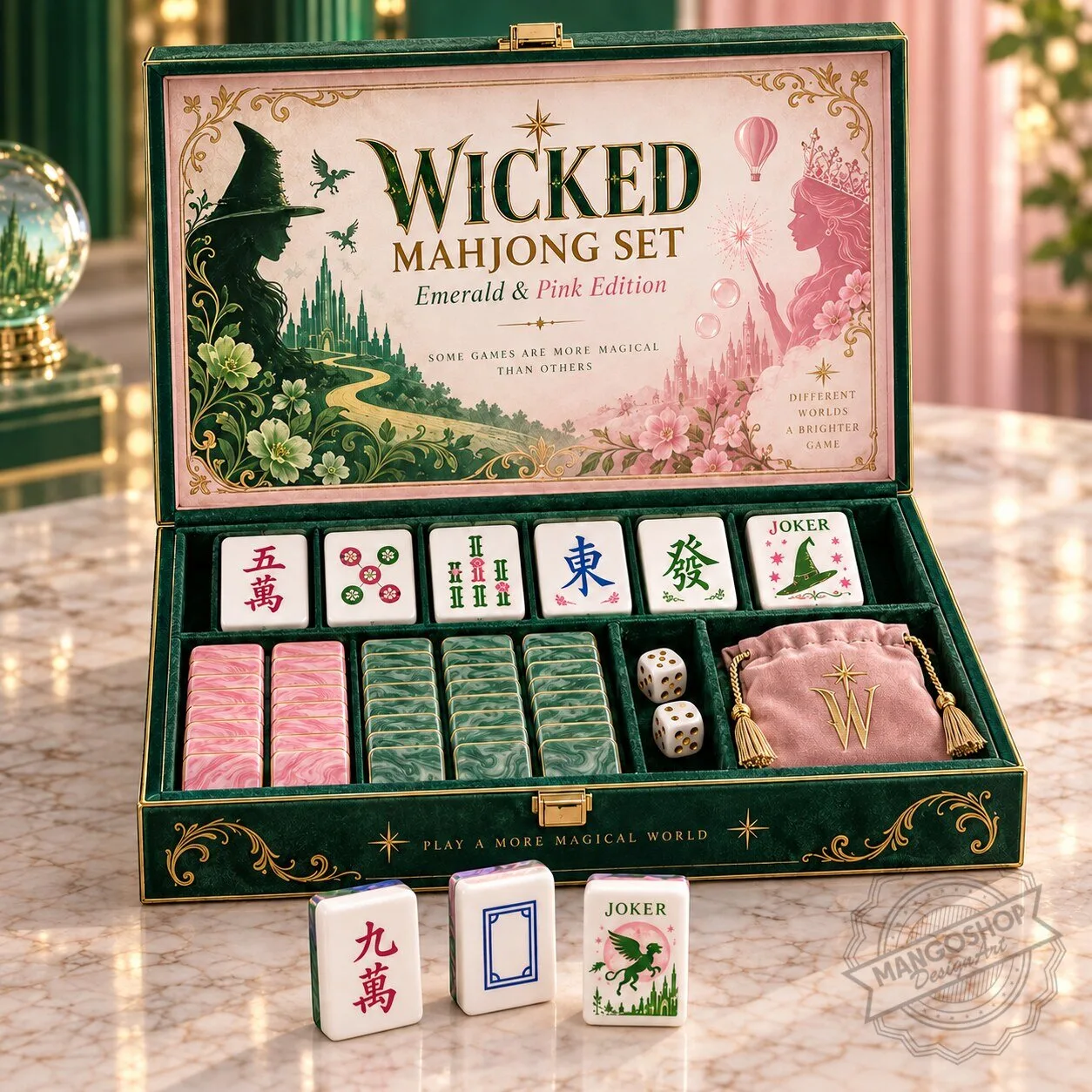 Wicked Mahjong Tiles Set Emerald and Pink Edition