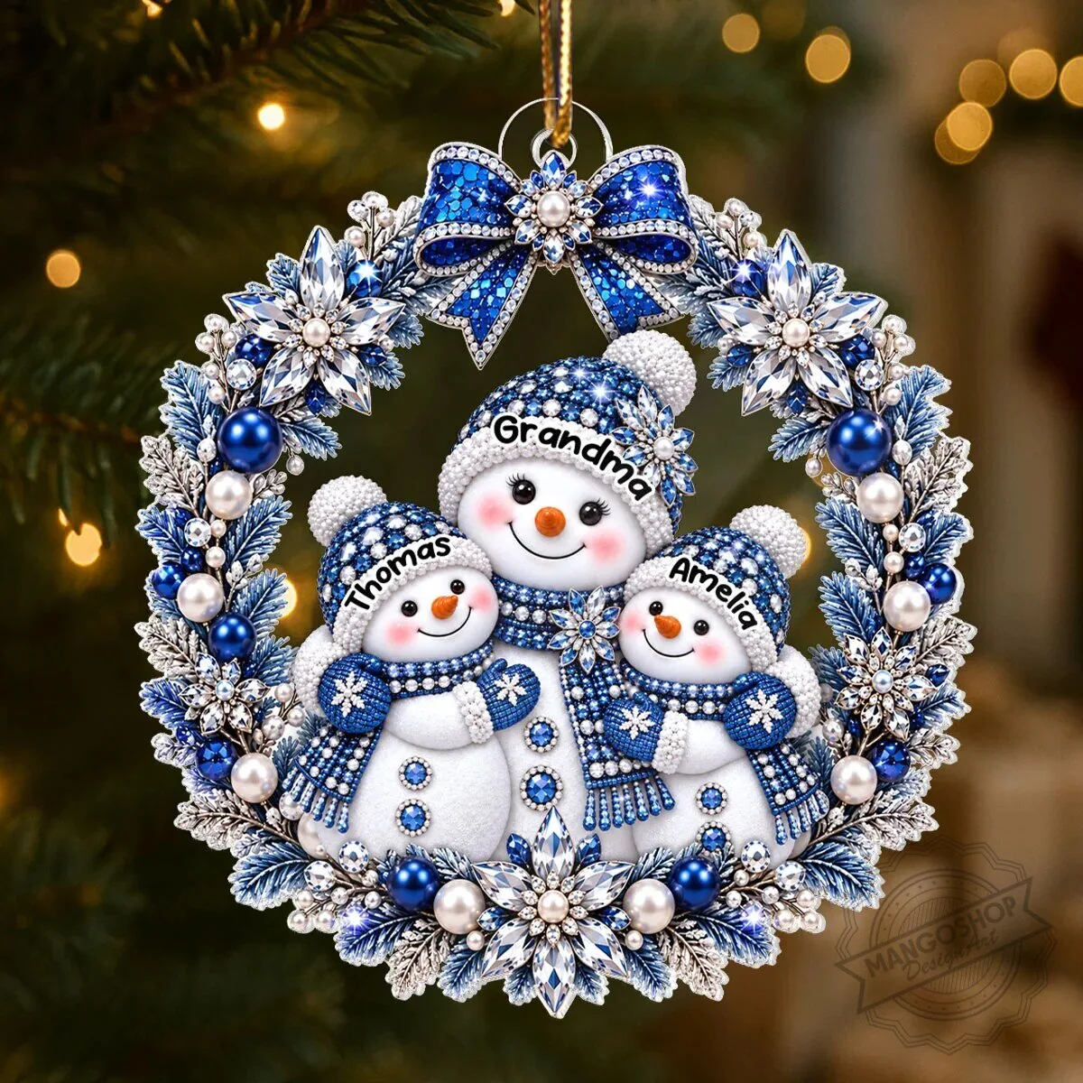 Personalized Grandma and Grandkids Snowman Wreath Christmas Tree Ornament