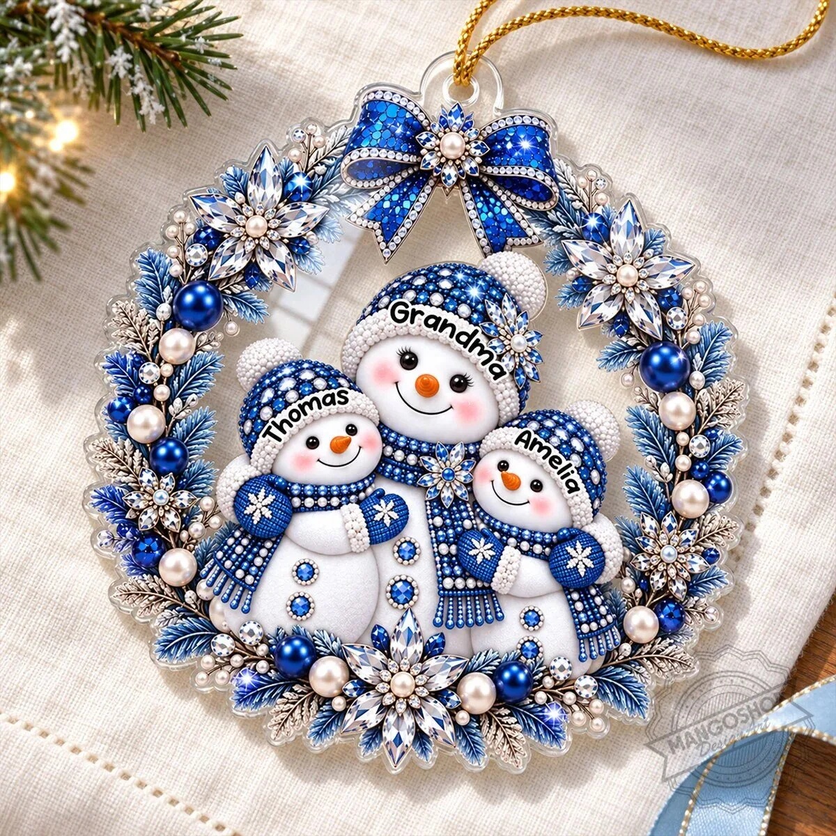 Personalized Grandma and Grandkids Snowman Wreath Christmas Tree Ornament 12 Personalized Grandma and Grandkids Snowman Wreath Christmas Tree Ornament