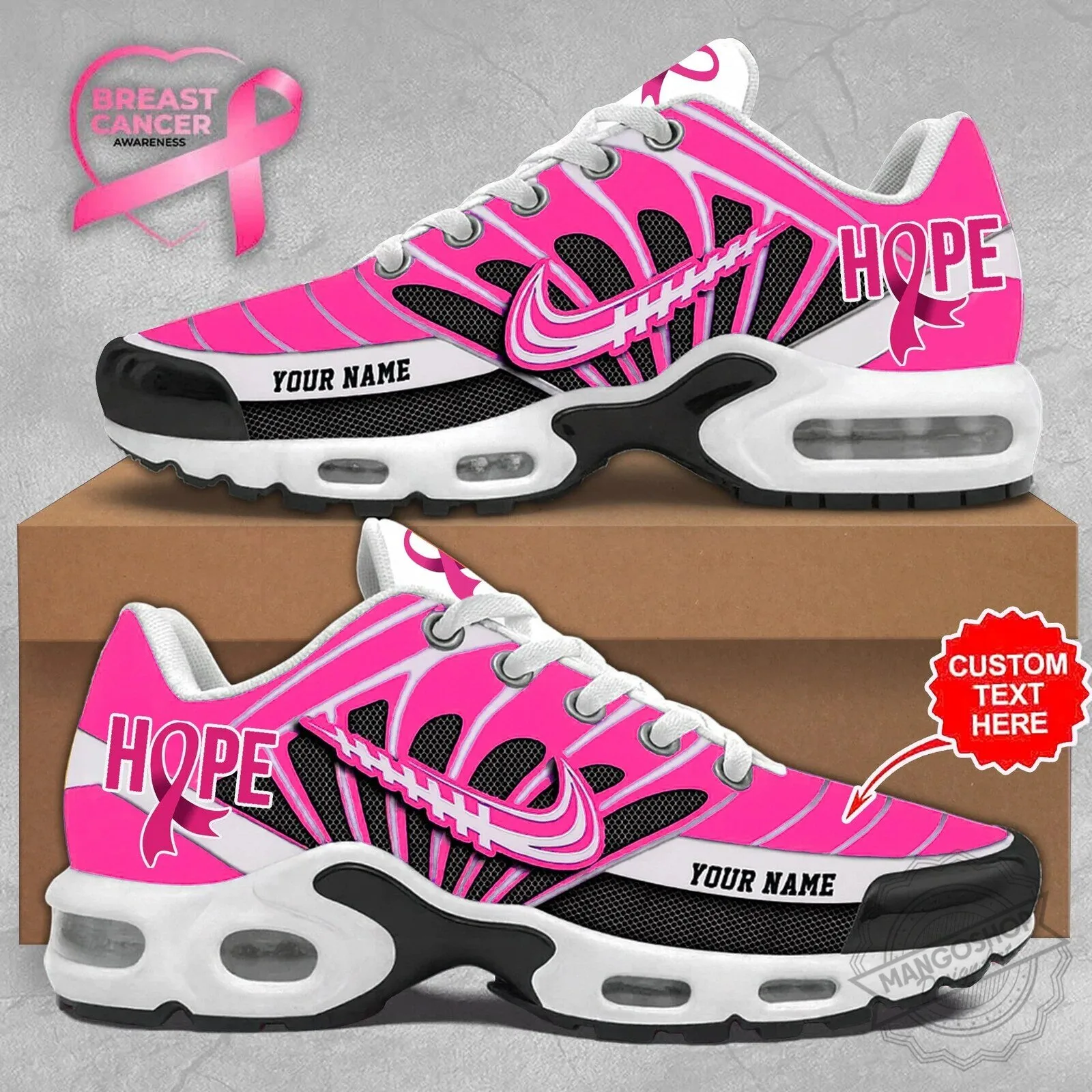 Custom Name Running Shoes with Hope Pink Ribbon for Breast Cancer Awareness